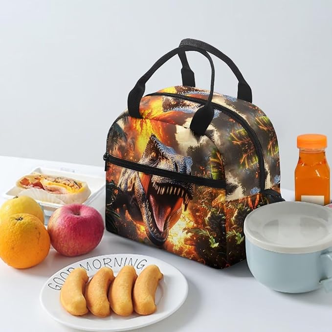 Showudesigns Dinosaur Lunch Bag for Kids Boys Lunch Boxes for School 10-12 Flame Bento Cooler Bag Cute Insulated Lunchbox Container Picnic Bags Crossbody Purse Brown