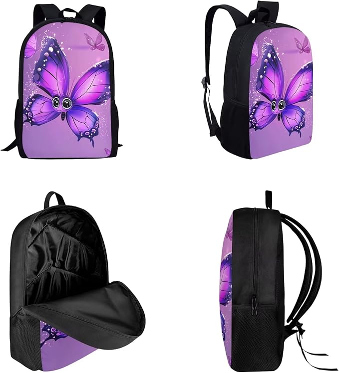 Dolyues Cartoon Butterfly Girls Backpack Combo: 17 Inch Bookbag with Ergonomic Straps, Matching Lunch Bag & Sparkling Pencil Case - Ideal Gifts for School Girls