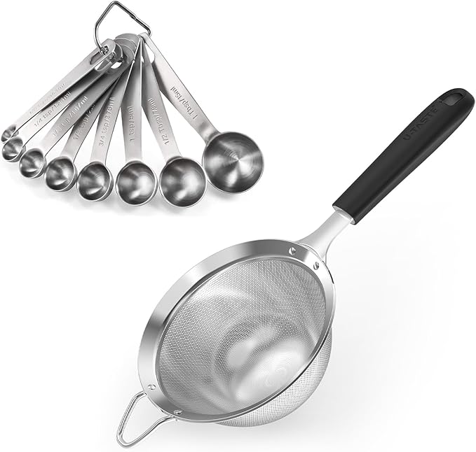18/8 Stainless Steel Measuring Spoons Set for Dry and Liquid Ingredients (Set of 8), and 4.73in Medium Fine Mesh Strainer with Sturdy Riveted Silicone Handle and Strong Frame (Black)