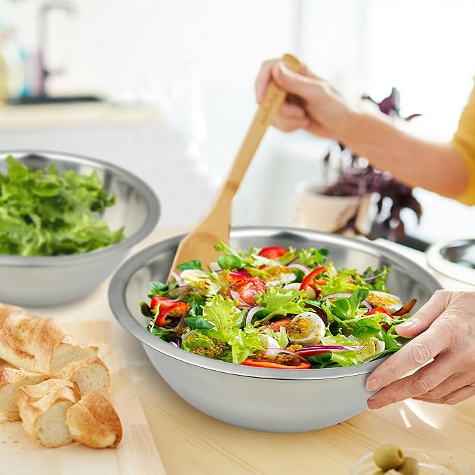 8 Quart, Set of 2, Mixing Bowls, Stainless Steel, Professional Chef, Commercial Kitchen, 13.25 Inches Diameter, Flat Base
