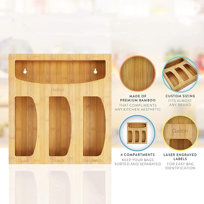 Food Bag Storage Organizer For Kitchen Drawer, Bamboo Baggie Holder,Solimo,Glad,Hefty For Gallon, Quart, Sandwich And Snack Variety Size Bags(1 Box 4 Slots) (1)