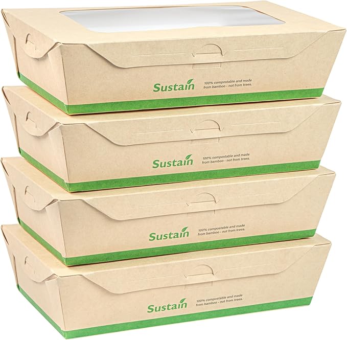 Restaurantware-Sustain 35 Ounce Sturdy Paper Take Out Boxes, 50 Disposable Take Out Food Containers - With PLA lining, Two Clear PLA Windows, Bamboo Paper Containers, Compostable, Tab-Lock Design