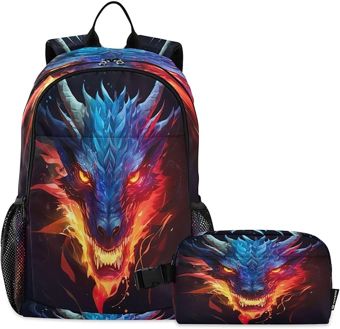 Dragon Kids Backpack for Girls Boys School Bookbag with Insulated Lunch Box for Elementary Students Middle School Teen Girls Backpacks