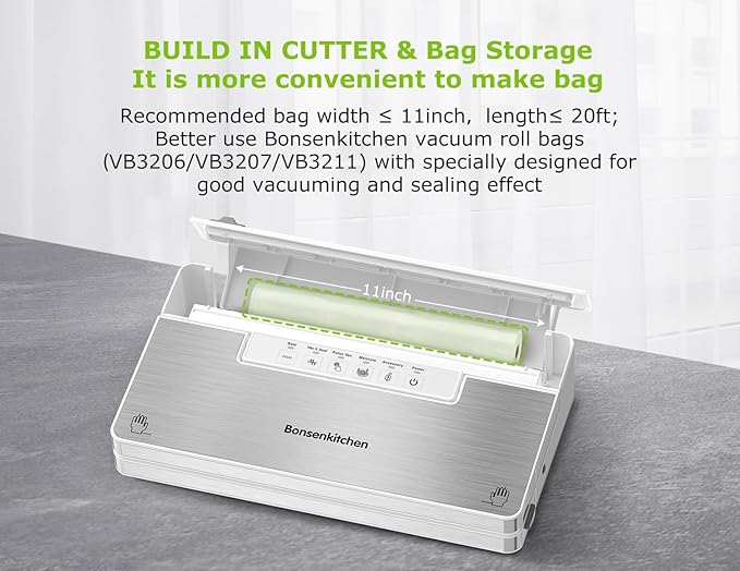 Bonsenkitchen Vacuum Sealer Machine, Stainless Steel Food Sealer Vacuum Sealers with 30 Bags & 1 Roll, 5 Food Vacuum Modes, Built-in Cutter & Bag Storage, Climate Pledge Friendly (White Silver)