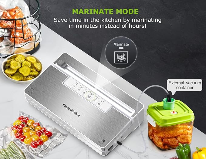 Bonsenkitchen Vacuum Sealer Machine, Stainless Steel Food Sealer Vacuum Sealers with 30 Bags & 1 Roll, 5 Food Vacuum Modes, Built-in Cutter & Bag Storage, Climate Pledge Friendly (White Silver)