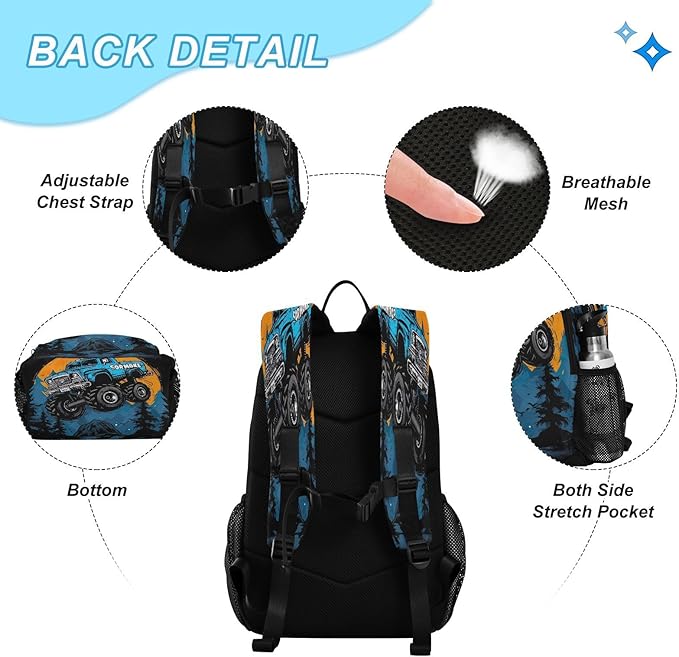 Cartoon Monster Truck Kids Backpack for Girls Boys School Bookbag with Insulated Lunch Box for Elementary Hight School Student Teen Girls Backpacks