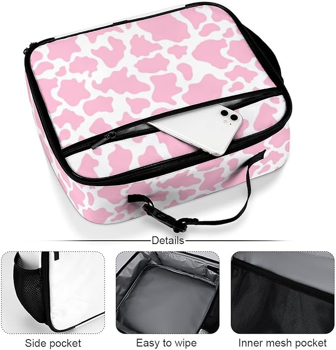 Pink Cow Print Reusable Lunch Box Insulated Lunch Bag Cooler Bag Lunchbox Meal Food Container Tote Bag for Women Kids Girls School Camping Hiking Picnic Beach Travel