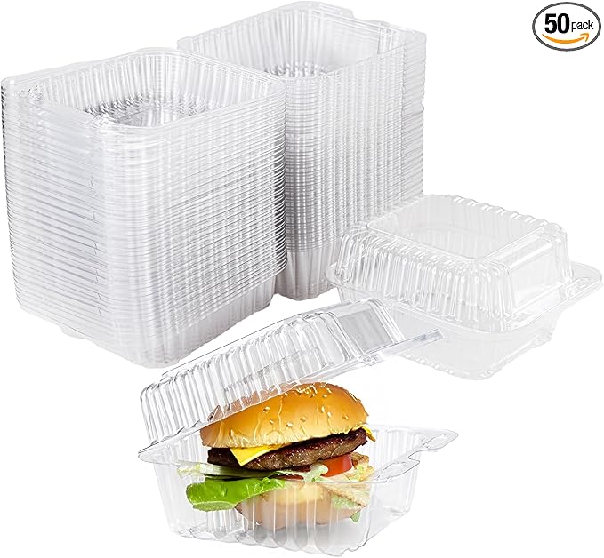 50-Pack Clear Plastic Food Containers Clamshell Take Out Containers Disposable To Go Clam Shell Food Containers 5 x 5 inch for Dessert Containers, Snacks, and Meals