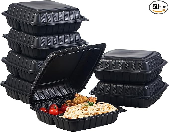 9X9 3-Compartment 50-Pack Plastic Clamshell Takeout Food Trays Heavy Duty Togo Disposable Box For Pasta Salad Sandwich Carryout Hinged Containers With Secure Snap Lid (Formerly FULING)