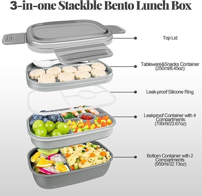 Bento Box Adult Lunch Box, 3-in-One Stackable Lunch Box Kids, 8 Compartments & Utensil Set Bento Lunch Box for Kids/Adults, Leak-Proof Bento Boxes for Work, Picnic, School (Gray)