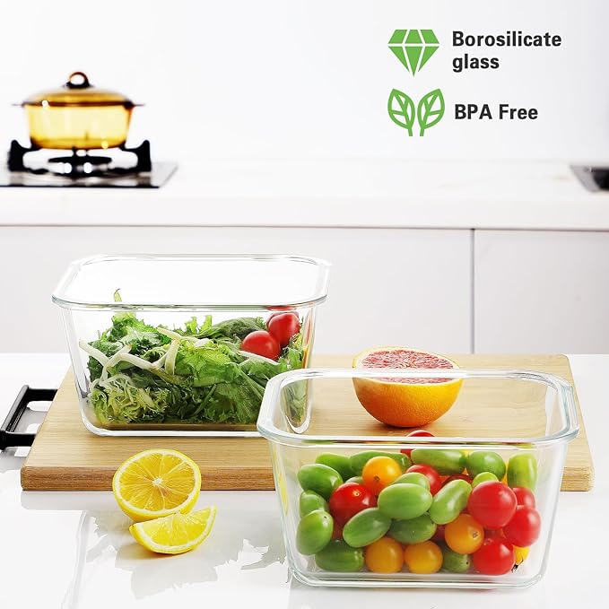 HOMBERKING 4pc Glass Food Storage Containers with Lids, Glass Meal Prep Containers with Leak Proof Snap Lock Lids, Airtight Bento Lunch Boxes, Kitchen Storage (2 lids & 2 Containers) - Grey