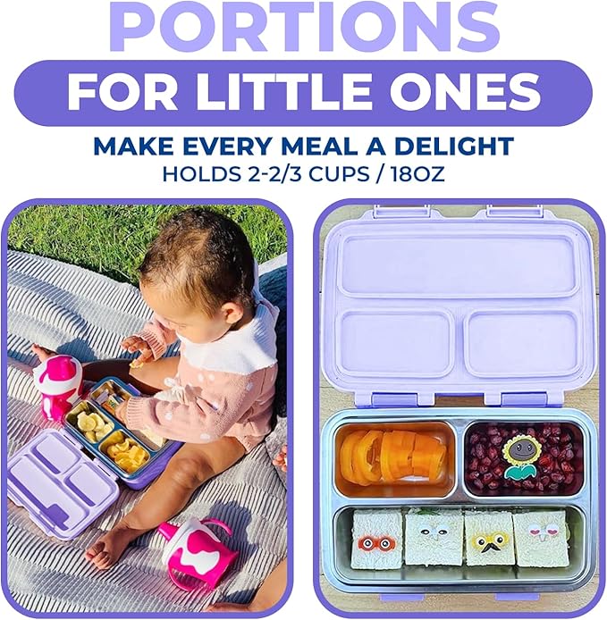 Stainless Steel Lunch Box for Baby Toddlers Girls, Mini Bento, 3 Eco Metal Portion Sections Leakproof Lid, Pre-School Daycare Lunches, Toddler Kids Spill-Proof Snack Container, 18 oz/550 mL Purple