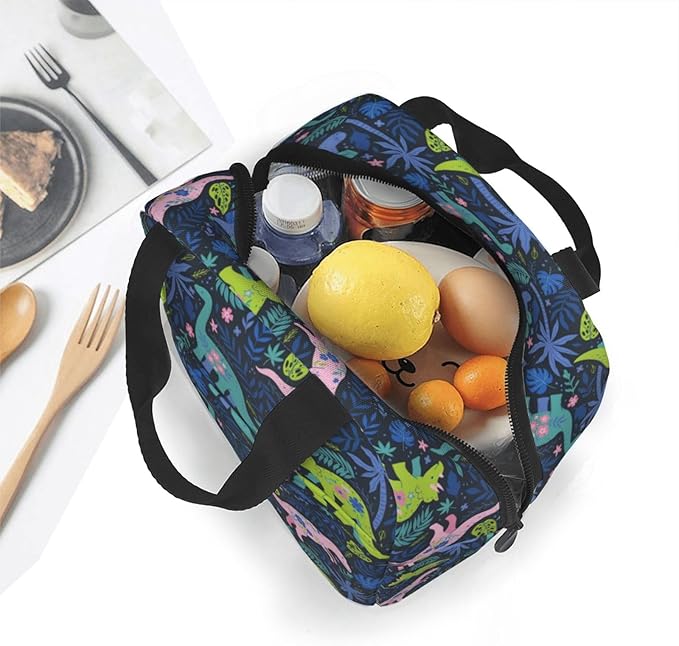 Dinosaur Lunch Box Cartoon Cute Animals Insulated Lunch Bag for Women Men Reusable Cooler Navy Dinosaur Flowers Lunch Tote Bag with Front Pocket for Hiking Picnic Travel Office, wjoy-box-8