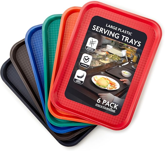 Stock Your Home Large Plastic Serving Trays for Fast Food (Set of 6) 16” x 12” Multicolor Cafeteria Tray for Lunch, Restaurant, Café, Craft Service Carts