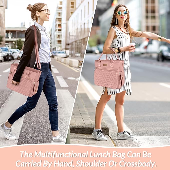 Large Women's Lunch Bags - Insulated, Durable Nylon Thermal Lunch Tote with Storage Pocket, 13"L x 6.3"W x 11.3"H, Pink