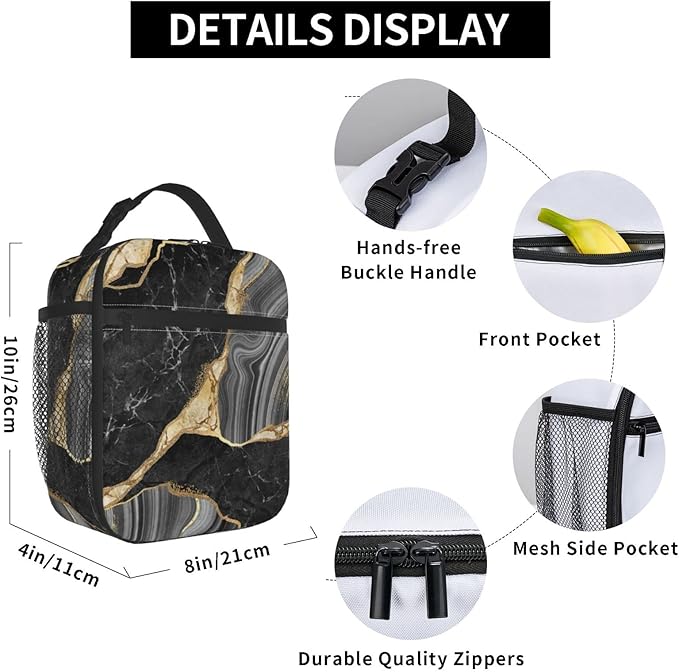 YETTA YANG Marble Black And White Gold Portable Lunch Bag Insulated Lunch Box Reusable Totes For Women Men Work Picnic Camping