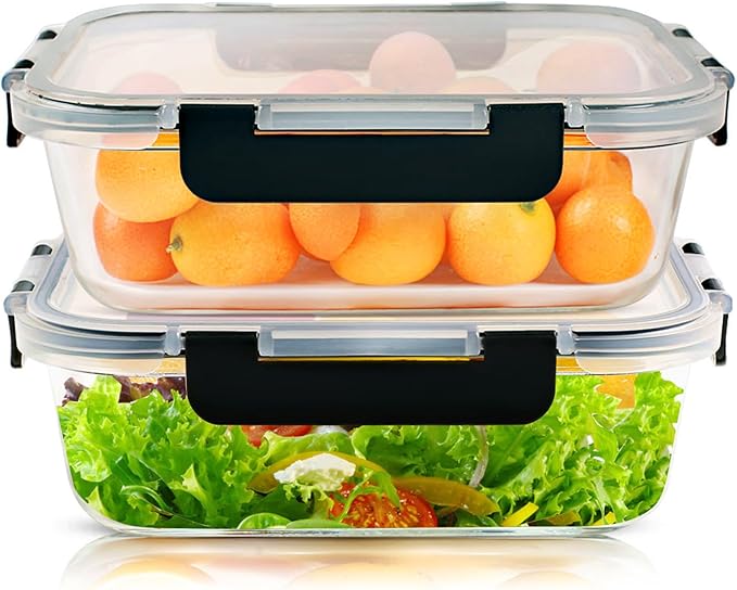 2Pcs 63oz Large Glass Food Storage Containers 8 Cups Family Size Set Baking Containers with Locking Lids Microwave/Oven Freezer Dishwasher Safe, Black