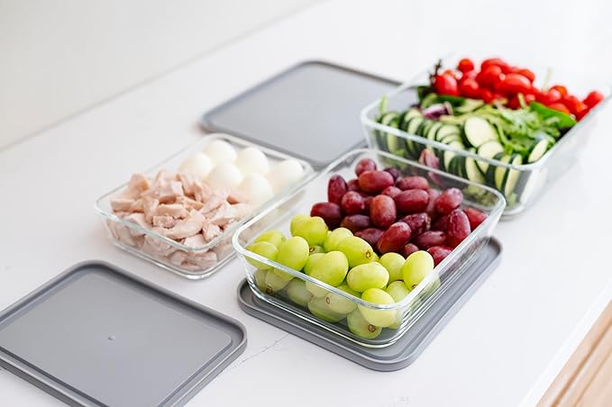 12-Piece Glass Food Storage Containers Set (6 Containers + 6 Lids) |Rectangular, Nesting, Microwave & Dishwasher Safe|BPA-Free, Space-Saving | Color Lids for Pantry & Kitchen Organization