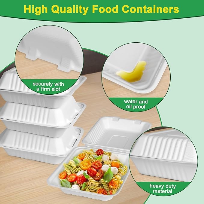 Take Out Food Containers With Lids, 100 Pack Clamshell To Go Containers, 9x9 Carry Out Container For Food, Eco-Friendly Biodegradable To Go Boxes, Biodegradable Made From White Sugarcane Fibers