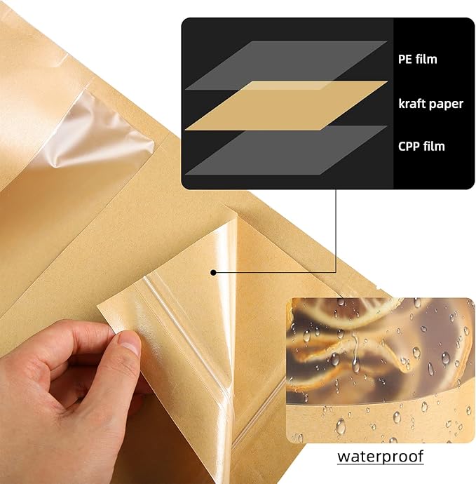 100 Pcs Kraft Stand Up Pouches 3.5 x 5.5 Inch Resealable Zip Lock Food Storage Bags with Matte Window for Packaging