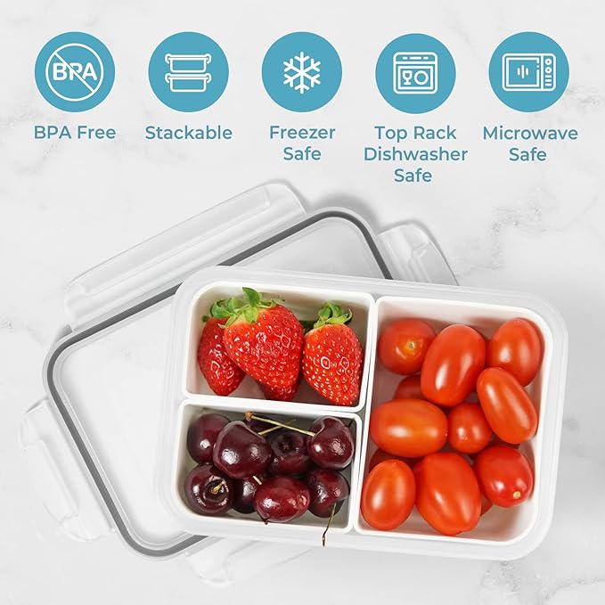 carrotez 3 Compartment Portion Control Container, Food Storage Container with 3 Removable Compartments, Reusable, BPA Free, 4.64 Cup (1100ml)