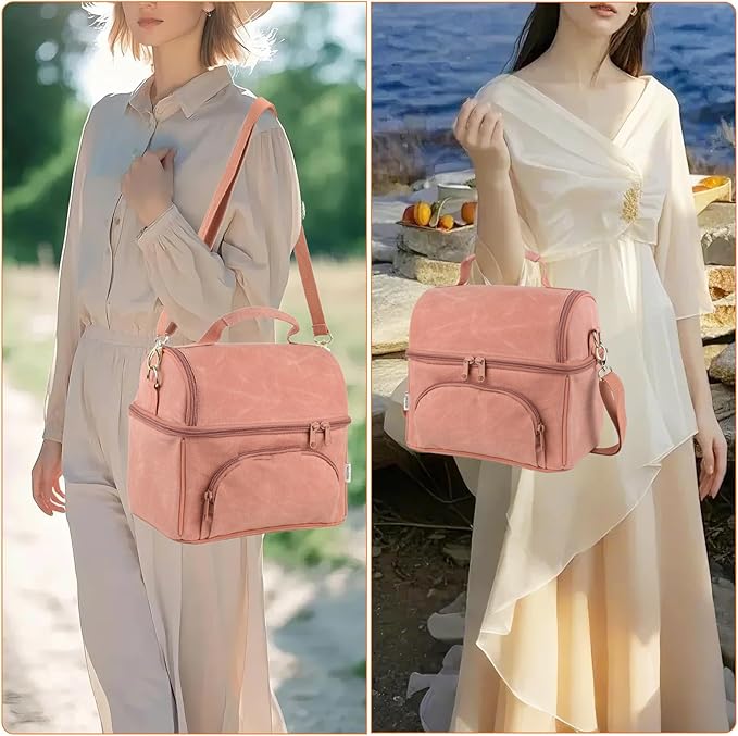 Lunch Box with 2 XL icepacks,Sturdy Waxed Canvas Insulated Lunch Bag for Women, Dual Compartment Soft Cooler Bag For Work, Picnic, Travel, Outdoors (10.5L) 10"x7"x9.5" (Mellow Rose)