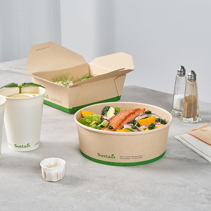 Restaurantware-Sustain 44 Ounce Sturdy Paper Take Out Boxes, 50 Round Take Out Food Containers - With PLA lining, Compostable, Bamboo Paper Containers, Disposable, Greaseproof