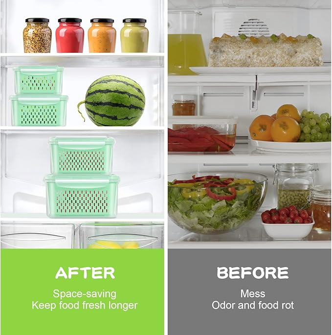TBMax 4 Pack Fruit and Vegetable Storage Containers for Refrigerator, Produce Saver with Fridge Organizers, Plastic Freezer Containers - Green