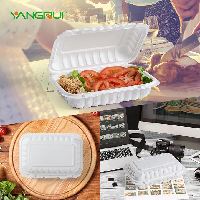 YANGRUI To Go Containers, Reusable 150 Pack 9 x 6 Inch 28 OZ Plastic Hinged Food Boxes Microwave Freezer Safe BPA Free MFPP Clamshell Take Out Container