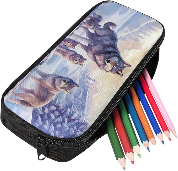 Dolyues Wolf Pattern Bookbag Backpacks Casual Daypack with Lunch Bag Pencil Case Set 3 Piece Backpack Set for Pre-School Girls & Boys Cool Kids 17" School Bag