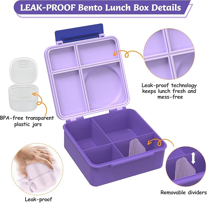Bento Lunch Box for Kids with 12oz Soup Thermo, Leak-Proof Lunch Containers with 5 Compartments, Insulated Lunch Bag, Thermo Hot Food Jar with Spoon for Kids to School, Travel, Purple