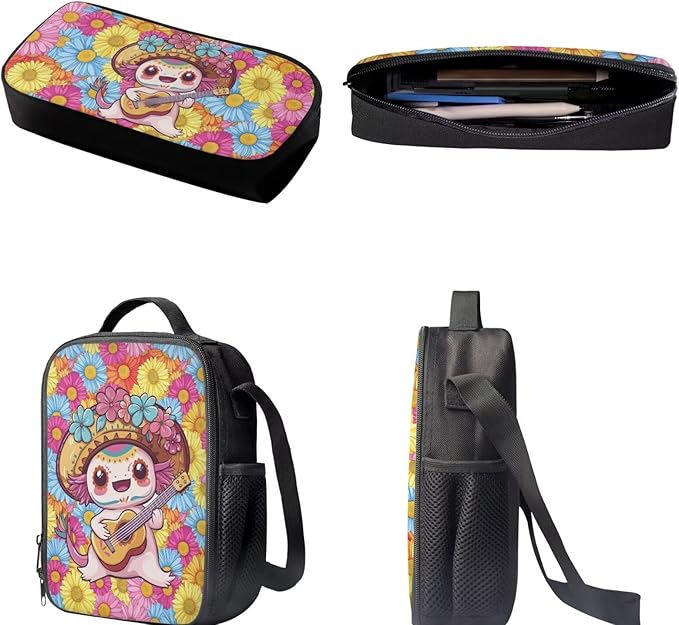 Dolyues Colorful Flower Axolotl Girls' Cute Backpack Set with Insulated Lunch Box & Pencil Case - Perfect for Kindergarten, Elementary & Middle School