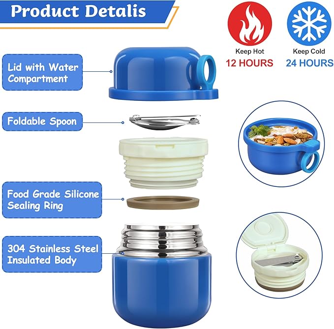 Bento Lunch Box for Kids with 12oz Soup Thermo, Leak-Proof Lunch Containers with 5 Compartments, Insulated Lunch Bag, Thermo Hot Food Jar with Spoon for Kids to School, Travel, Blue