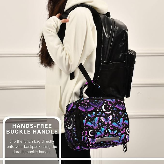 MNSRUU Student Lunch Bag Neon Purple and Bats Stars and Moons Insulated DinnerTotes Picnic Bag Lunch Box with Adjustable Shoulder Strap for Teen Kids Adults