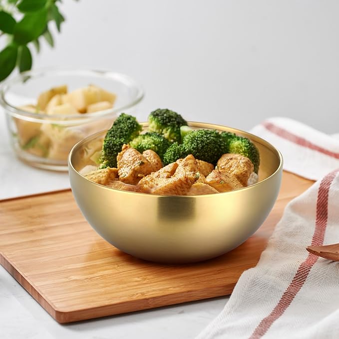 Nuogo 6 Pack Stainless Steel Gold Mixing Bowls Gold Esthetician Bowls for Wedding Party Facial Cereal Rice Noddle Snack Fruit Cereal Snack Appetizer Cooking Baking Serving(5.9 Inches)
