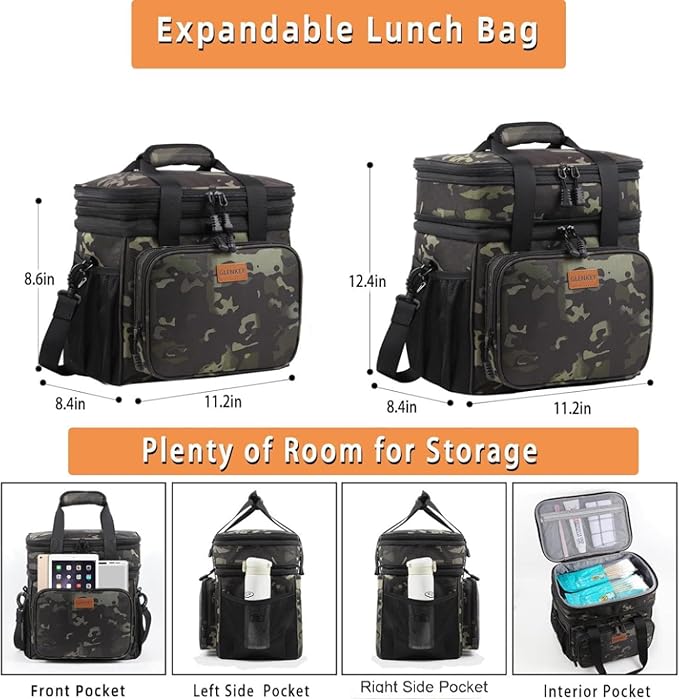 Expandable Large Insulated Lunch Box, Heavy Duty Lunch Cooler Bag Durable Leakproof Lunch Pail for Men Women Adults Work Shift Outdoor Picnic Camping Road Trip, 24 Can, Black-Camo, GLENKEY