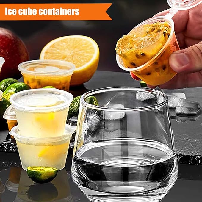50 Sets 1 2/3 oz Round Shaped Jello Shot Cups with Lids, Small Condiment Containers, Disposable Portion Cups, Plastic Souffle Cup, Mini Sample Tasting Dipping Sauce Cup To Go Bowls, Clear