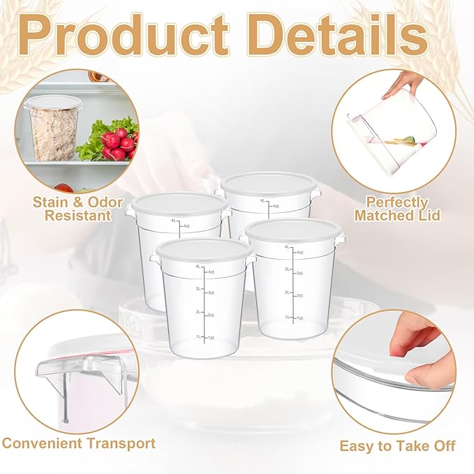 Suclain 4 Pcs 4 Qt Food Storage Container Bucket with Lids Clear Proofing Containers for Dough Rise Bread with Scale Handle Round Flour Commercial Storage Bucket for Home Restaurant Food