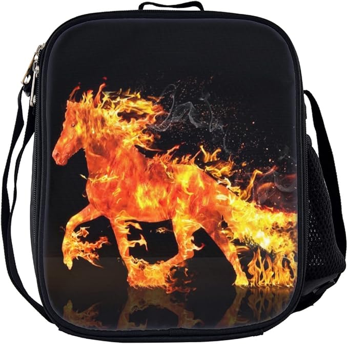 Horse Backpack Bundle 3 Pieces - Flame Horse Backpacks for Teens, Boys & Girls Includes Bookbags, Insulated Lunch Bag & Pencil Case - Perfect for School & Everyday Use