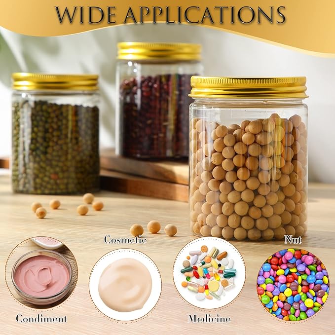 Aoriher 48 Pcs 8oz Plastic Mason Jars with Lids Round Clear Plastic Jars Containers Refillable Small Empty Storage Containers Food Canisters for Kitchen Storage(Gold)