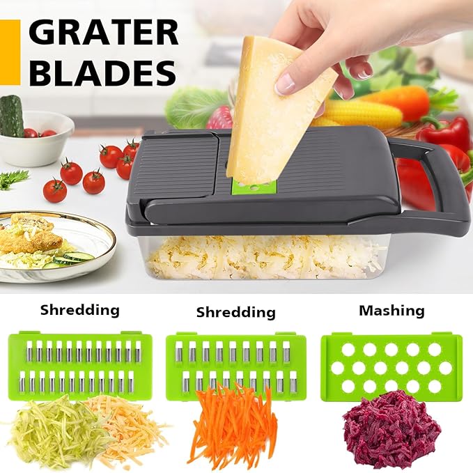 Vegetable Chopper Mandoline Slicer,Veggie Chopper, Multifunctional 13 in 1 Food Choppers, Kitchen Vegetable Slicer Dicer Cutter,Onion Mincer,Colander Basket,Kitchen Gadgets (Gray/Green)