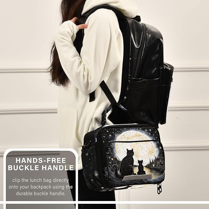 MNSRUU Student Lunch Bag Black Cat Insulated DinnerTotes Picnic Bag Lunch Box with Adjustable Shoulder Strap for Teen Kids Adults