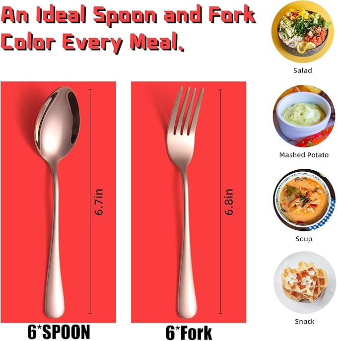 KITWARE 12 Pieces Rose Gold Forks and Spoons Silverware Set, Colored Stainless Steel Flatware Cutlery Set for Home, Kitchen Utensil Sets for Restaurant, Hotel, Travel, Outdoor, BBQ