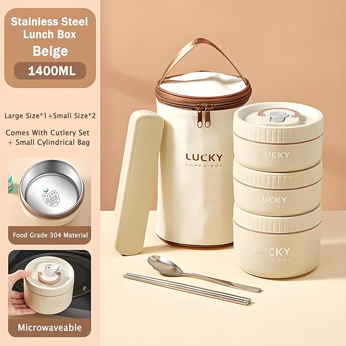 Stainless Steel Lunch Box, 3-Tier Insulated Bento Box Microwave Safe Soup Bowl for Adults, Thermal Food Container for Office Workers (Beige, 3pcs + Tableware + Insulated Bag)
