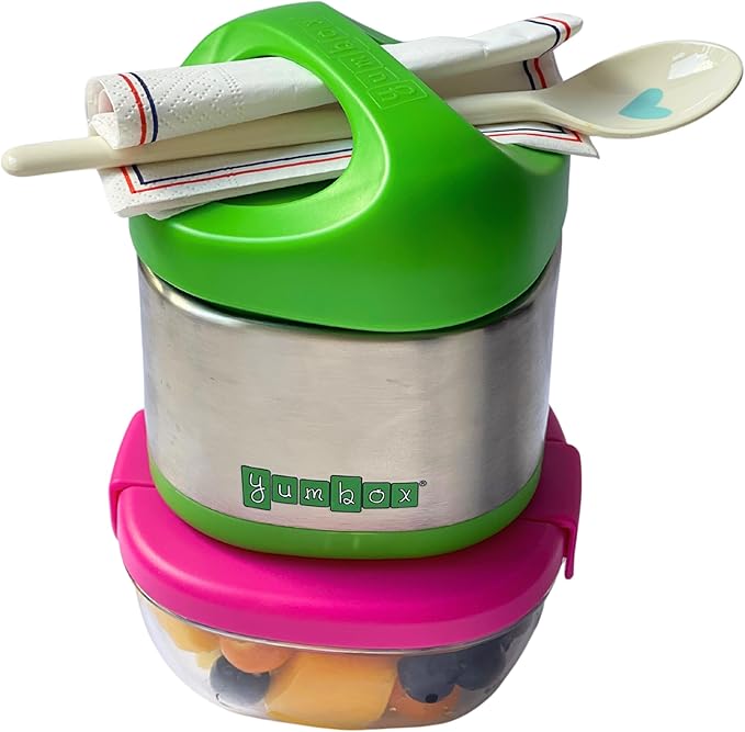 Yumbox Cubi Triple Insulated Stainless Steel Thermal Jar for Hot & Cold Lunches, Kids Size, Easy Open and Carry Handle, Unique Rounded Square Jar and Non-Slip design (Apple Green)