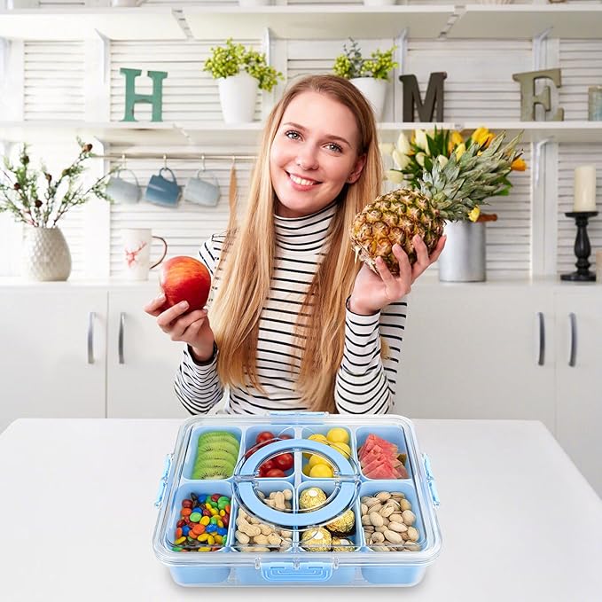 Divided Serving Tray with Lid and Handle,8 Compartments Snacks Box,Snack Fruit Tray,Veggie Tray,Portable Platter for Candy Fruits Nuts Snack Party Entertaining Picnic(1PCS Blue)