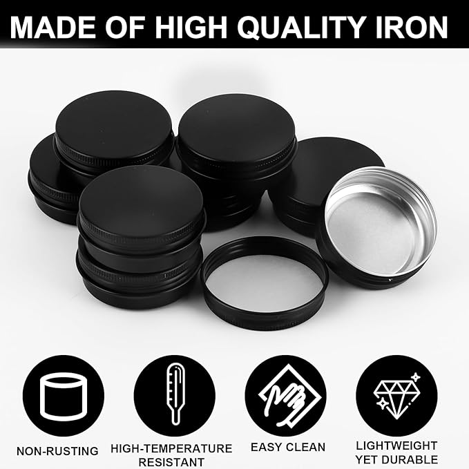 102 Pack Round Cans with Screw Lid 1 OZ Aluminum Metal Tins,for DIY homemade lotion bars, salves, and candles, Balms, Spices, Beard Balm, Crafts with 4 Markers 5 Sheets Label Stickers (Blcak)