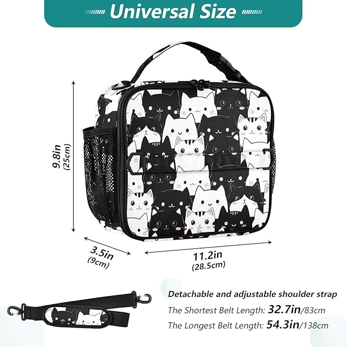 Cute Lunch Bag for Women Insulated Cat Lunch Box for Kids Girls Boys Reusable Leakproof Lunch Tote Bag with Shoulder Strap for School Work Picnic