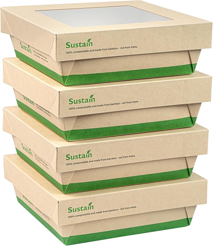 Restaurantware-34 Ounce Sturdy Paper Take Out Boxes, 200 Disposable Take Out Food Containers - With PLA lining, Paper Lid With Clear PLA Window, Bamboo Paper Containers, Compostable, Greaseproof