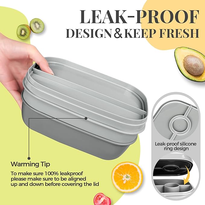 Bento Box Adult Lunch Box, 3-in-One Stackable Lunch Box Kids, 8 Compartments & Utensil Set Bento Lunch Box for Kids/Adults, Leak-Proof Bento Boxes for Work, Picnic, School (Gray)